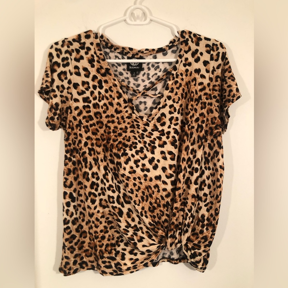 Babeau Leopard Crop top w knot and cris cross at neck. RayonSpandex blend